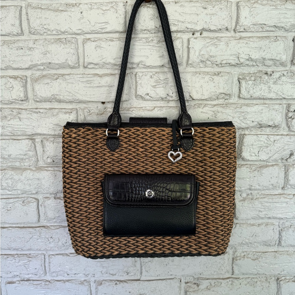 Vintage Brighton Straw & Leather Purse Tote Bag Woven Braided Straps-Tan Black - Picture 2 of 16